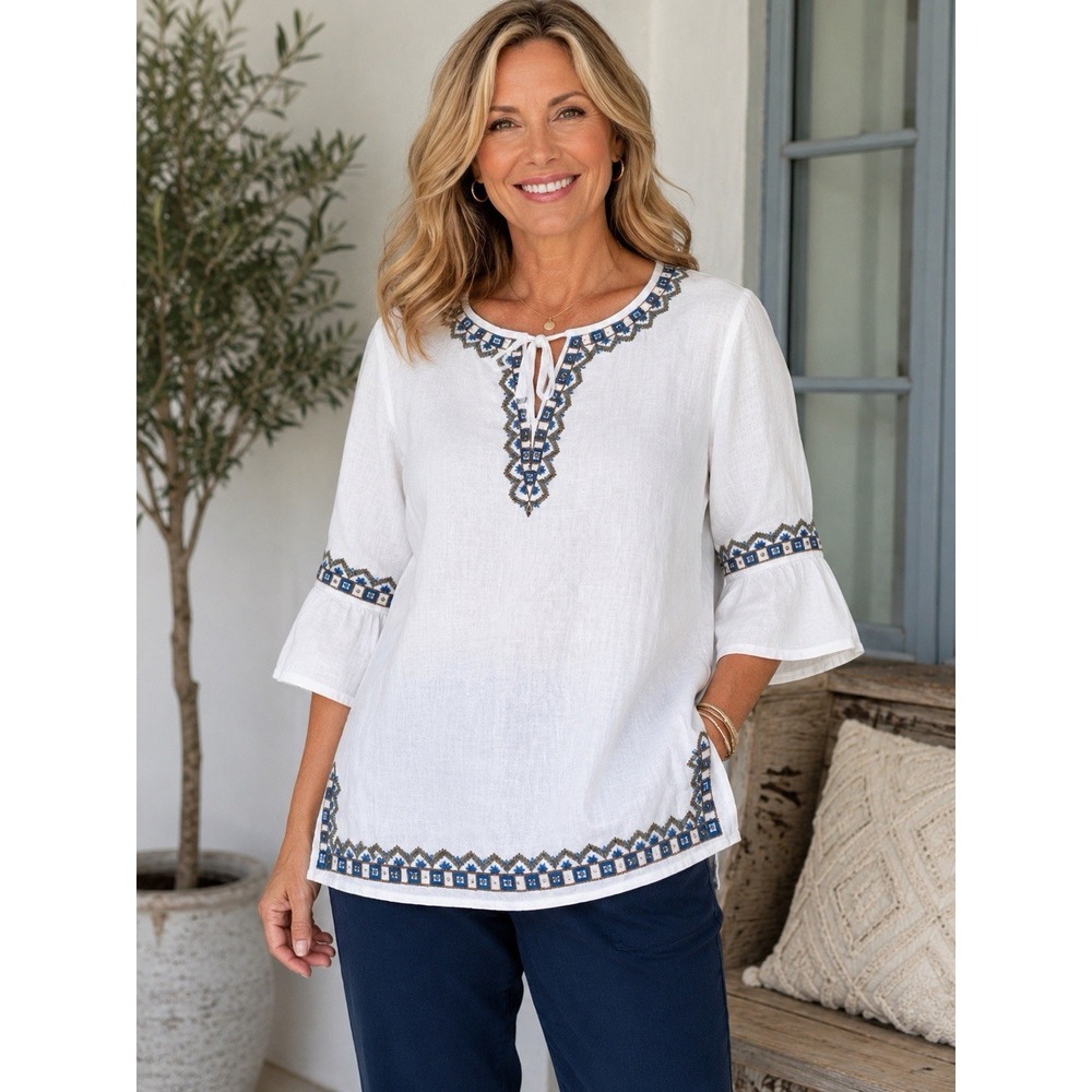 Tweeds XL White Linen Embroidered Boho Tunic Top Coastal Peasant Blouse